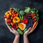 Heart healthy diet foods including fruits vegetables nuts whole grains and healthy fats