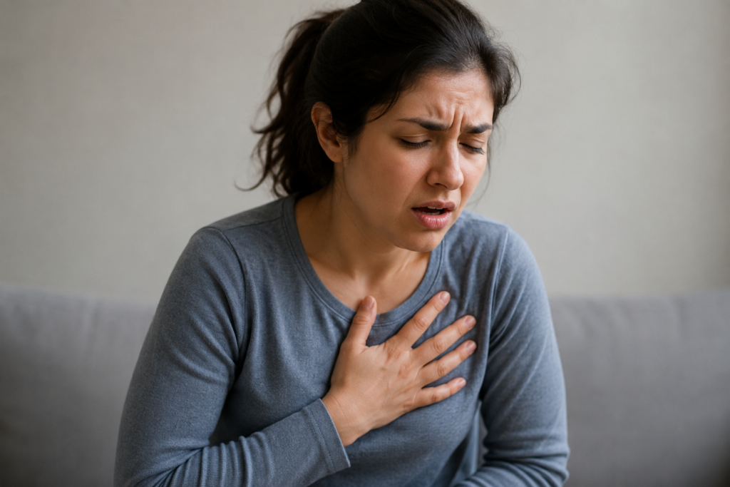 Person experiencing chest pain and anxiety symptoms while comparing signs of a panic attack and heart attack at Cardium - Heart Care Clinic.