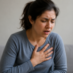 Person experiencing chest pain and anxiety symptoms while comparing signs of a panic attack and heart attack at Cardium - Heart Care Clinic.