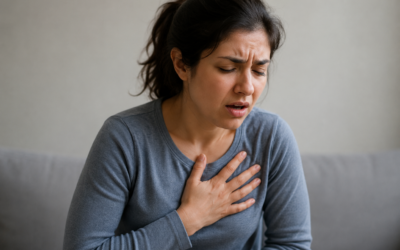 Person experiencing chest pain and anxiety symptoms while comparing signs of a panic attack and heart attack at Cardium - Heart Care Clinic.