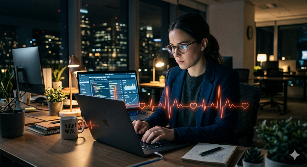 IT professional working late in Hinjewadi office highlighting the growing risk of high cholesterol and heart disease.