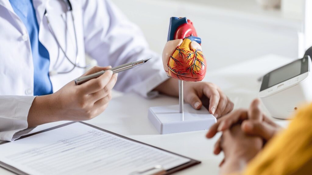 Cardiologist reviewing AI-powered IVUS and OCT imaging to determine whether a patient needs a heart stent or bypass surgery.