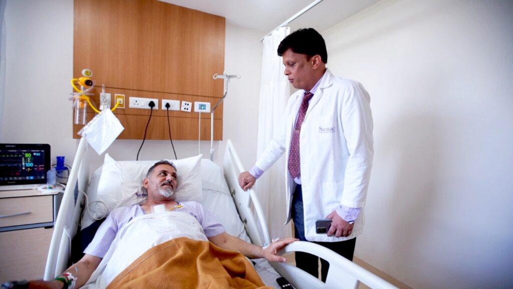 Senior patient undergoing TAVI procedure for severe aortic stenosis using minimally invasive heart valve replacement technology.