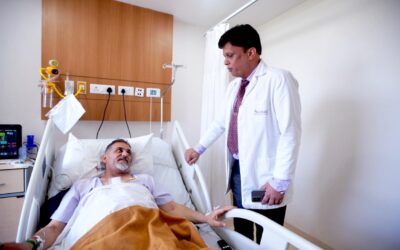 Senior patient undergoing TAVI procedure for severe aortic stenosis using minimally invasive heart valve replacement technology.